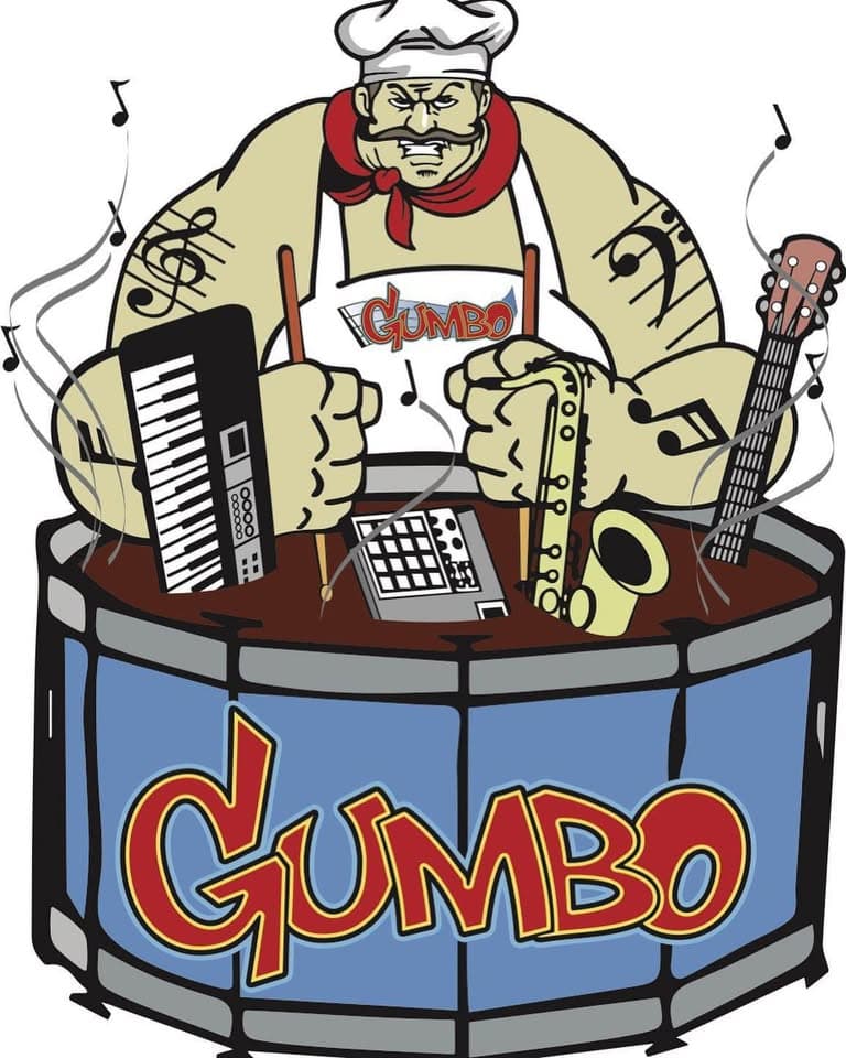 The Gumbo mascot: a tattooed chef stirring a drum pot full of instruments